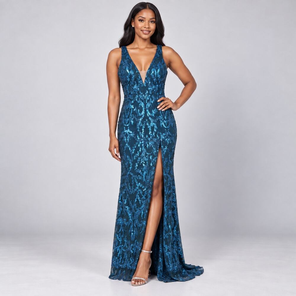 Teal Blue Sequin Maxi Gown Deep V Slit Prom Homecoming Pageant Formal Dress Med